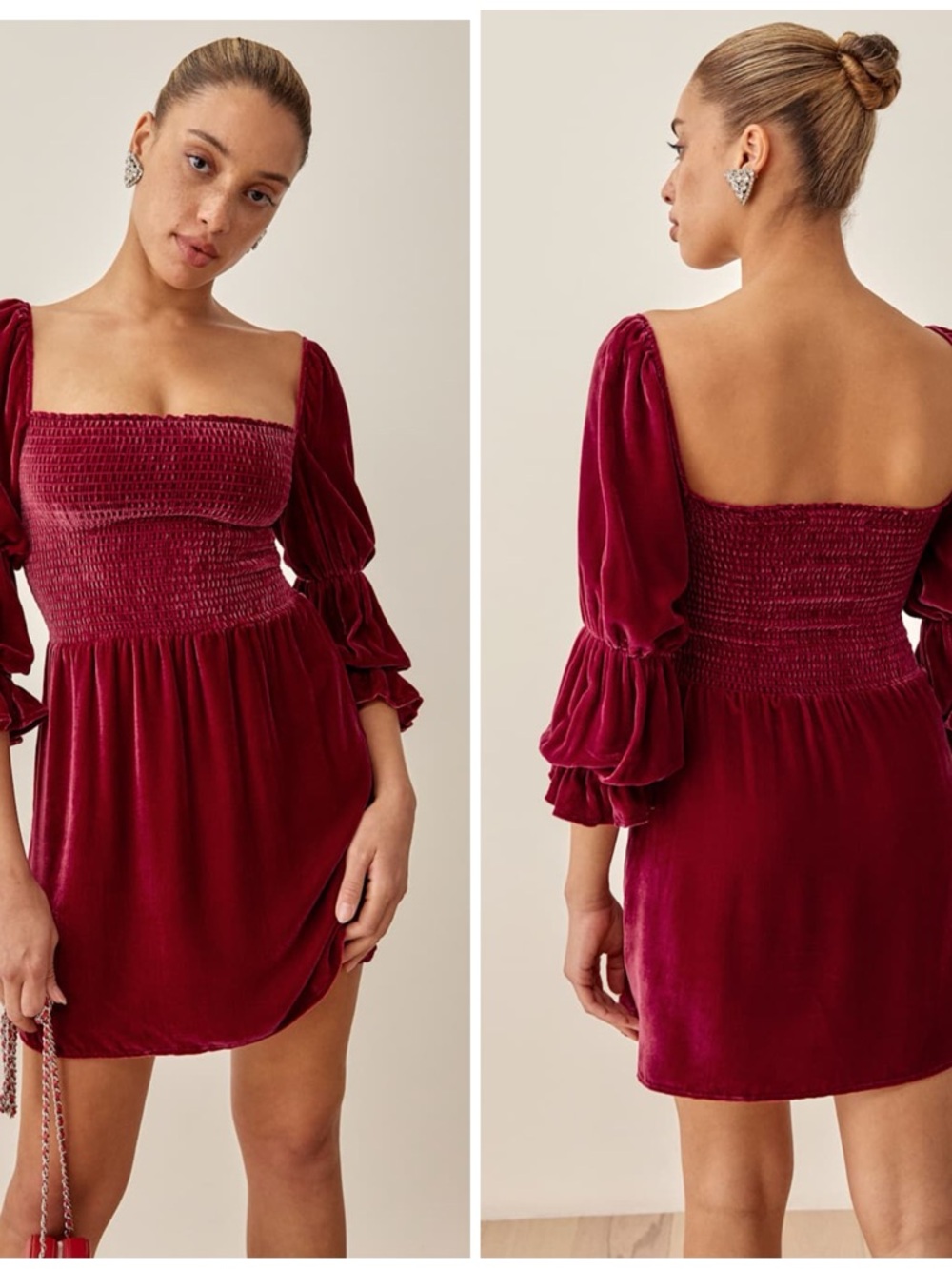 $278 Reformation Albi Burgundy Velvet Velour Silk Puff Sleeves Mini Dress Size M - Picture 2 of 14
